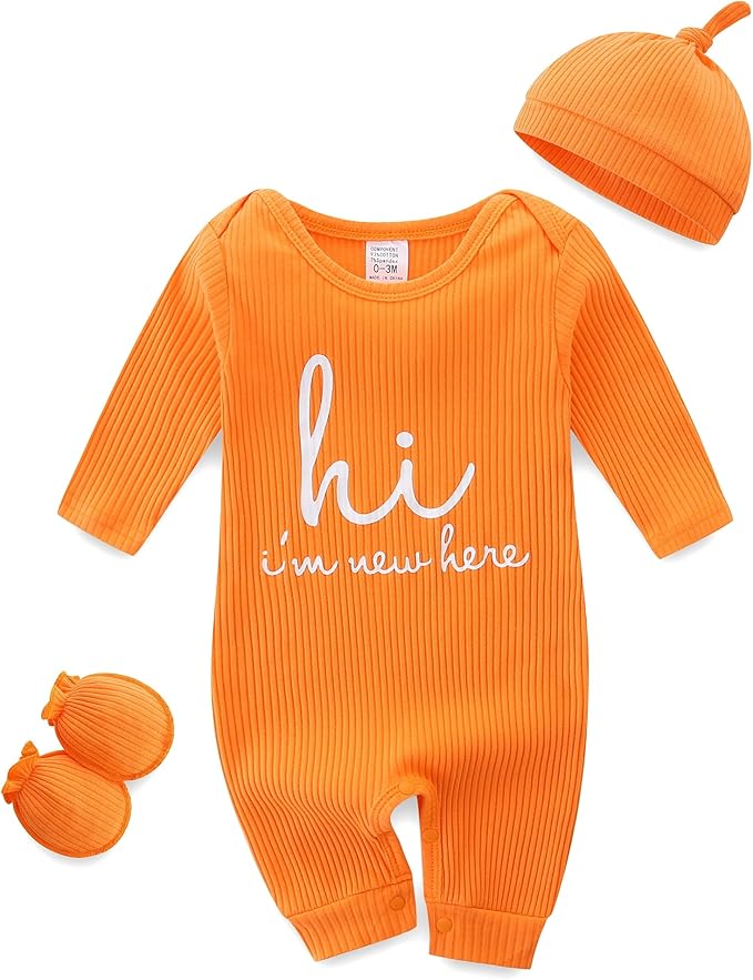 Baby Romper with Baby Mittens & Newborn Hats Footless Long Sleeve by Unknown