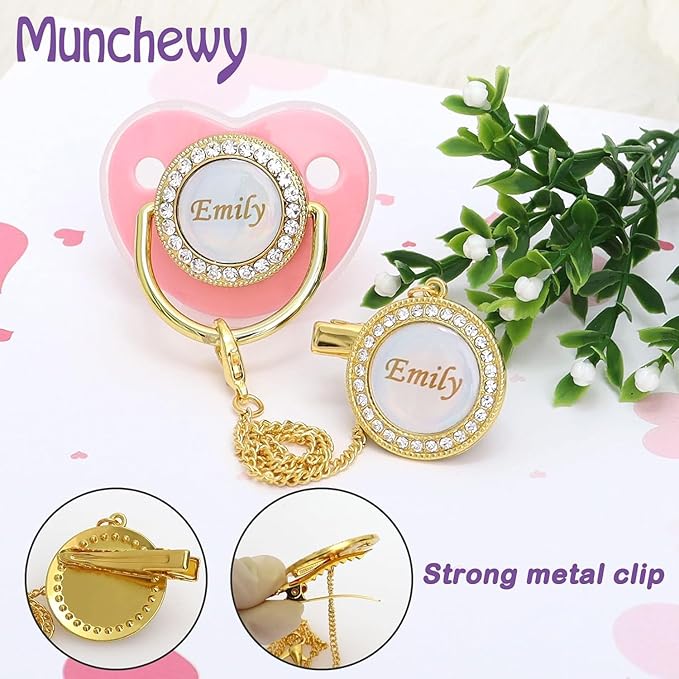 Personalized Pacifier with Name, Customized Pacifier Clip Set with Gift Box, Glitter Crystal Luxurious Soother Dummy Ideal Gift for Boys Girls Baby Shower Newborn Photography(Bling Gold)
