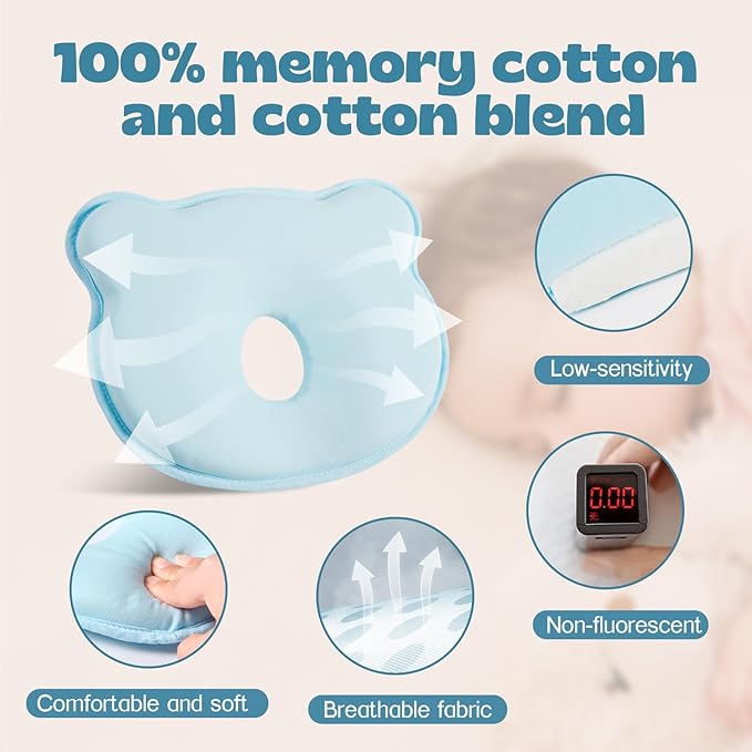 Memory Foam Baby Pillow, Portable Cartoon Bear Soft and Cozy Pillow, Breathable Bedding Set for Infants for Small Boys and Girls,Green