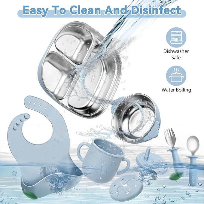 Stainless Steel Kids Plates and Bowls Set with Suction, Divided Baby Plate and Toddler Bowl with Removable Silicone Suction,Stainless Steel Weaning Bundle, Silicone Baby Feeding Set (Blue)