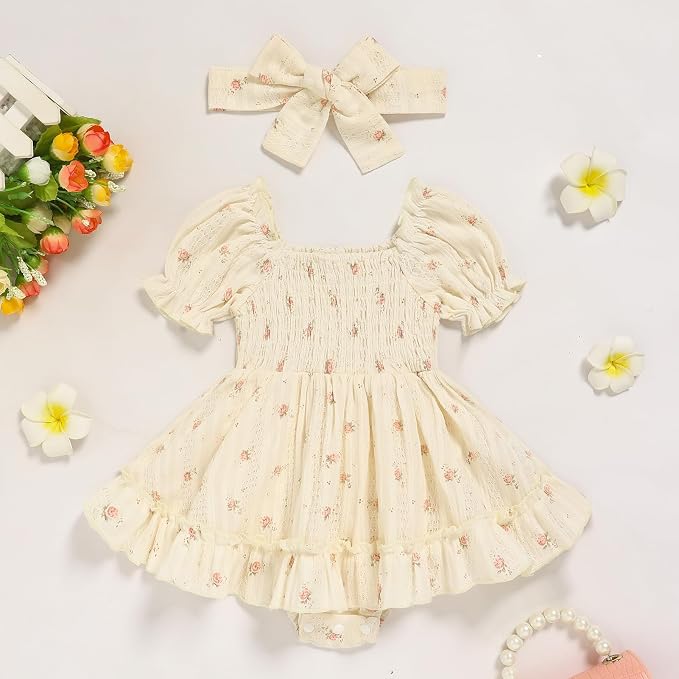 GRNSHTS Baby Girl Romper Dress, Puff Sleeve Smocked Outfit - Image 2
