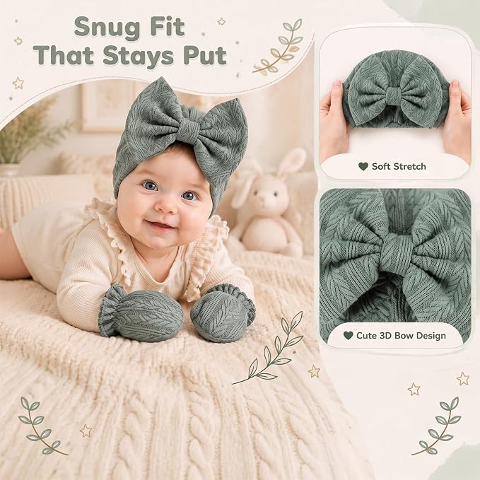 8 Sets Newborn Baby Girl Bow Hats and Mittens Turban Beanies 0-3M | Cotton - Image 4