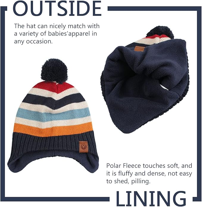 JANGANNSA Knitted Baby Hat Scarf Set Winter Warm Boys Girls Beanie Fleece Lining Toddler Kids Hats with Pompom