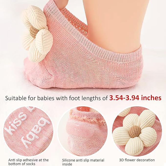 4Packs Baby Girls Socks, Flower Non-Slip Grips - Image 6