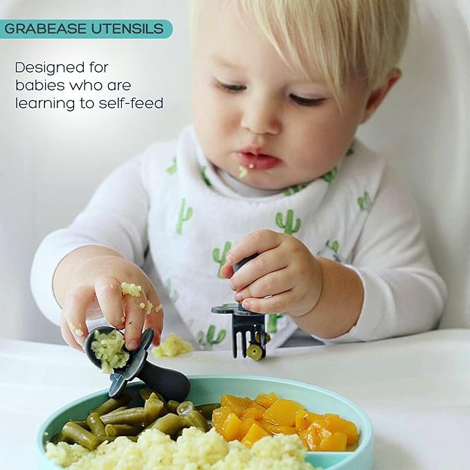 Grabease Baby Feeding Utensils Set - Infant and Baby Fork and Spoon for Ages 1-11 Months, BPAs and Phthalate-Free Cutlery, Plastic, 1 Set, Yellow