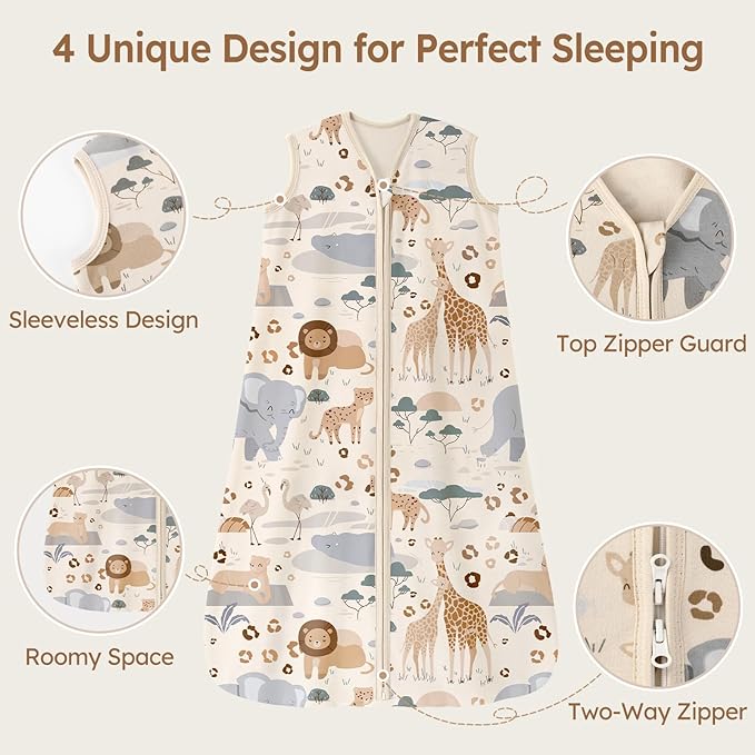 Baby Sleep Sack 18-24 Months 100% Cotton Lightweight 0.5 TOG Wearable Blanket Baby Sleep Bag with 2-Way Zipper for Infant Toddler Apricot Elephant