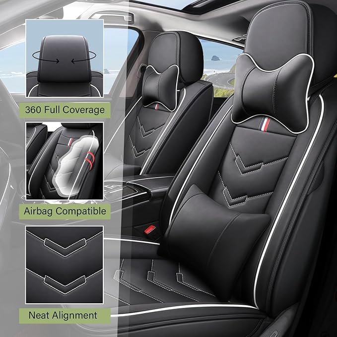 Leather Car Seat Covers Fit for LR Range Rover Evoque 2019-2025, 5 Seater Waterproof and Wear-Resistant Seat Cover Interior Accessories(Full Set with Pillow,Black&White)
