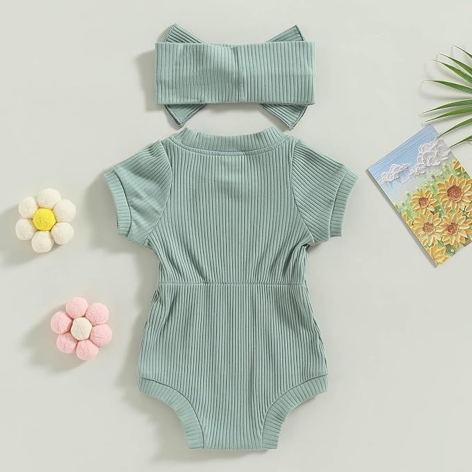 FOCUSNORM Baby Girl Summer Clothes Ribbed Short Sleeve Romper Solid Color - Image 4