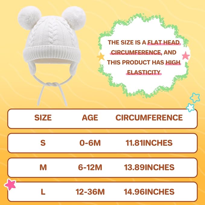Duoyeree Toddler Winter Hat, Earflap Double Pom Pom Knit Beanie 0-36M - Image 6