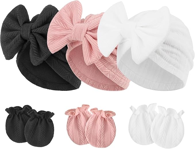 Newborn Baby Hats and Mittens Set Infant Bow Beanie Cap Toddler Gloves Newborn by AQOKKA