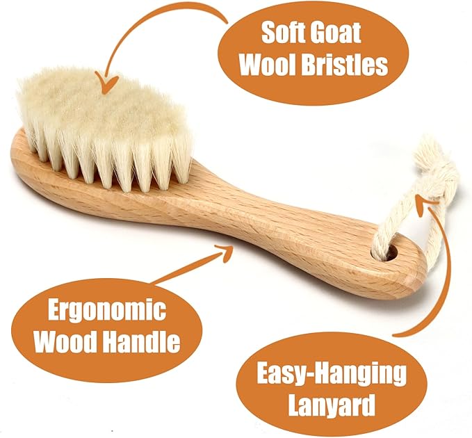 Wooden Soft Goat Bristles Brush with Baby Silicone Hair Scrubber Cradle Cap Brush for Newborn, Toddler, Infant, Baby Hair Care Kit (Pink)