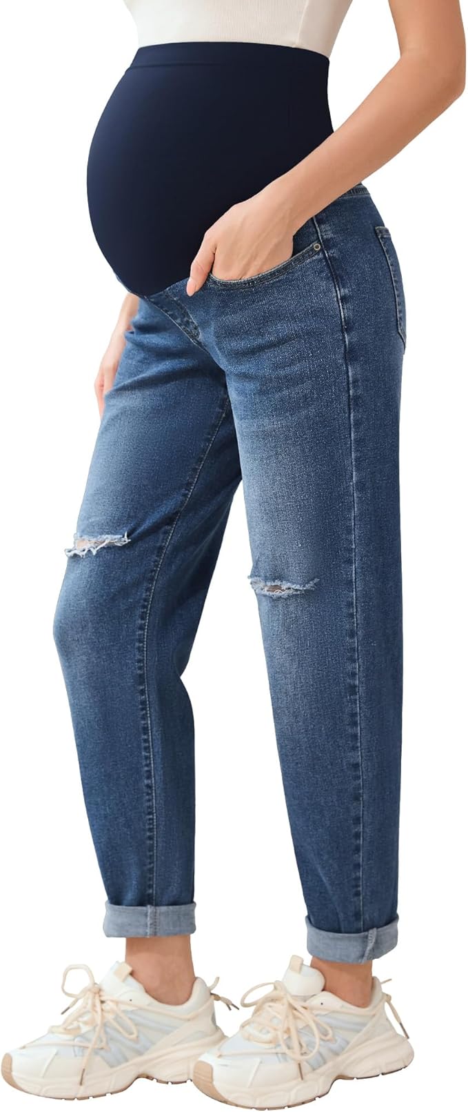 POSHGLAM Women's Maternity Jeans Over Belly Comfy Stretch 28'' Boyfriend Jeans Loose Pregnancy Pants, S-XXL