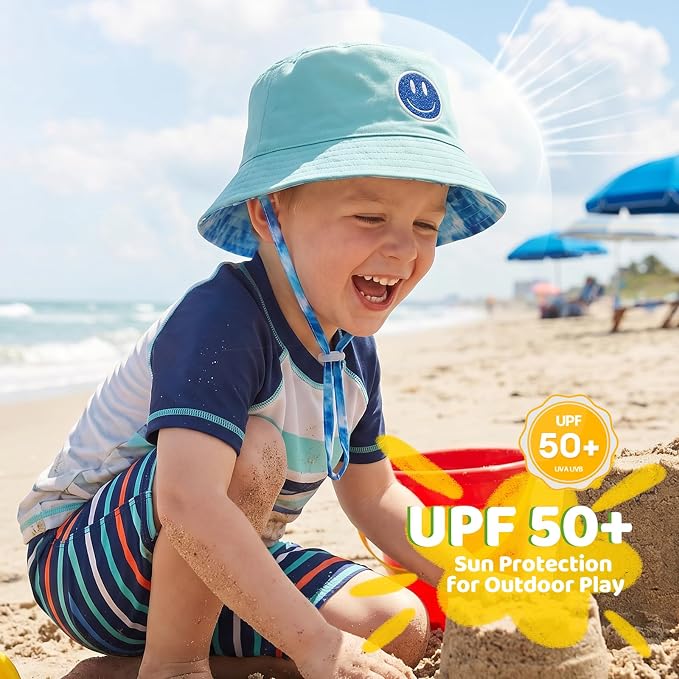 Toddler Hat Reversible Bucket Hat Happy Face Sun Hat Adjustable Chin Strap - Image 2