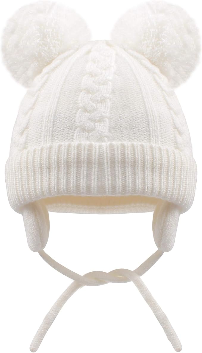 Duoyeree Toddler Winter Hat, Earflap Double Pom Pom Knit Beanie 0-36M - Image 2