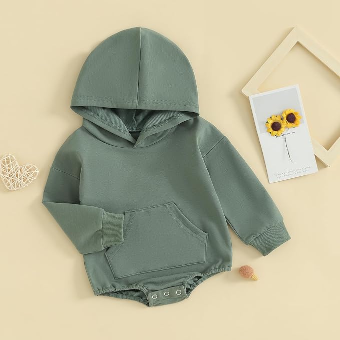Newborn Baby Boy Girl Hooded Romper Long Sleeve Front Pocket Solid Color Hoodie - Image 3
