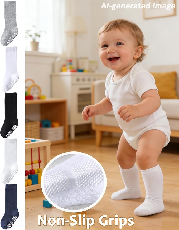Baby Knee High Socks Toddler Seamless Cotton Non Slip Long Socks 3/5 Pairs - Image 4