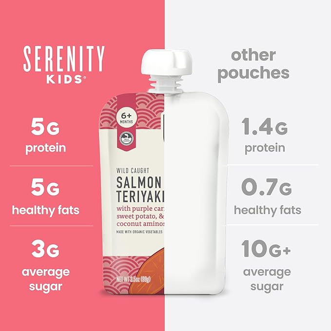 Serenity Kids + Months Baby Food Puree - Salmon Teriyaki Pouch, 3.5 oz, Pack of 6-5g Protein DV Wild-Caught Salmon Snacks - Nutrient-Packed Organic Baby Food Pouches - No Sugar Added Toddler Snack