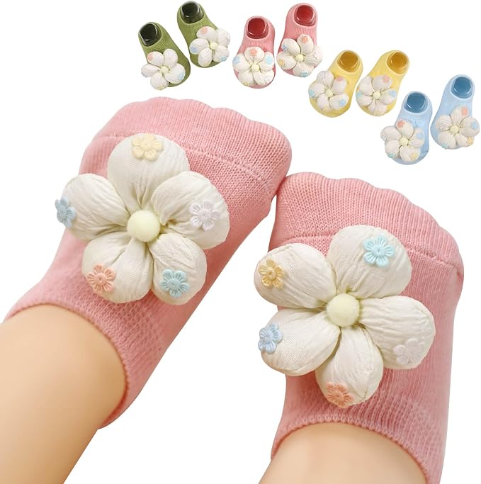 4Packs Baby Girls Socks, Flower Non-Slip Grips by KEAINVRN