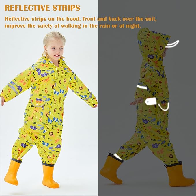 Fewlby Kids Toddler Rain Suit for Boys Girls One Piece Hoodie Zipper Cartoon - Image 4