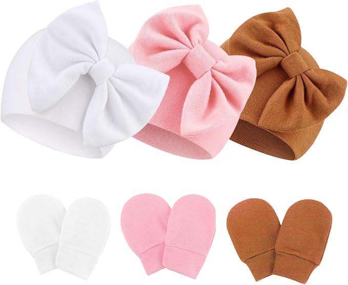 Newborn Baby Hats and Mittens Set Infant Bow Beanie Cap Toddler Gloves Newborn by AQOKKA