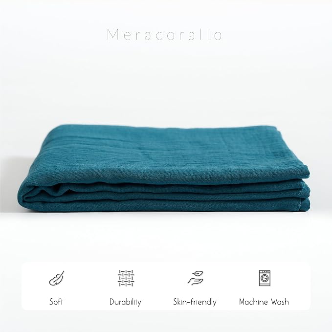 Meracorallo Muslin Swaddle Blanket, 100% Cotton, Teal Blue | Soft Breathable - Image 4