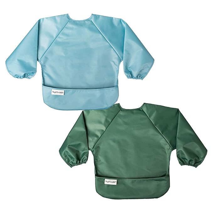 Tiny Twinkle Long Sleeve Bib for Babies & Toddlers – 2 Pack Waterproof Smock Bibs for Eating – Machine Washable & Mess-Proof, Baby Feeding Essential & Shower Must-Have (Slate Olive,6–24M)