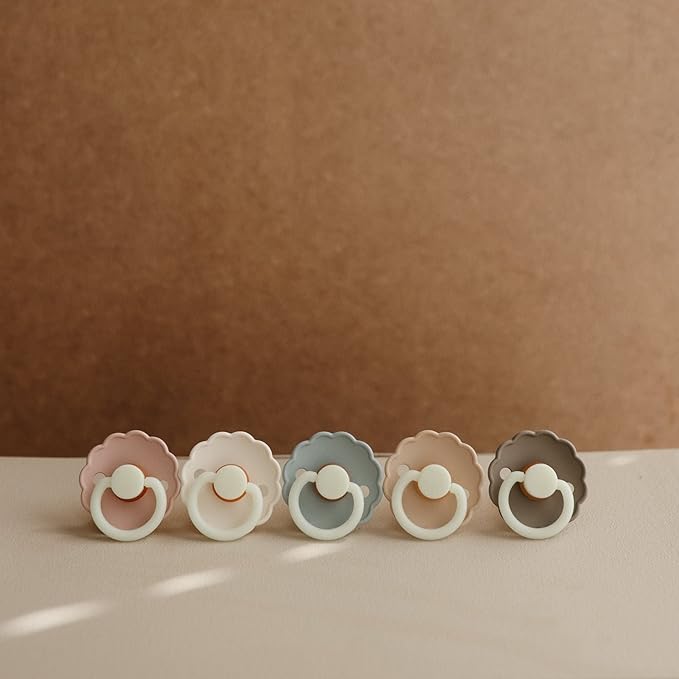FRIGG Daisy Night Natural Rubber Baby Pacifier | Made in Denmark | BPA-Free (French Gray/Croissant, 6-18 Months) 2-Pack