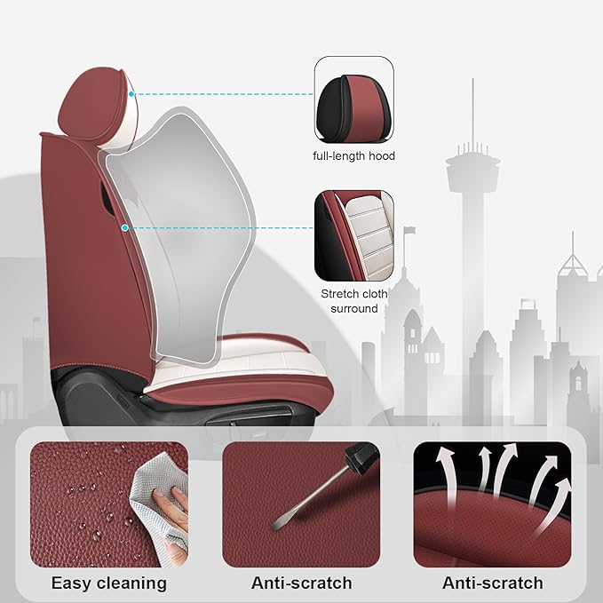 JOJ Car Seat Cover Fit for Toyota Highlander 2001-2025,7 Seat Car Seat Cover,No-Slip Waterproof Breathable Faux Leather Automotive Seat Covers Auto Interior Covers,Full Set,Cream Red
