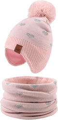 JANGANNSA Knitted Baby Hat Scarf Set Winter Warm Boys Girls Beanie Fleece Lining Toddler Kids Hats with Pompom