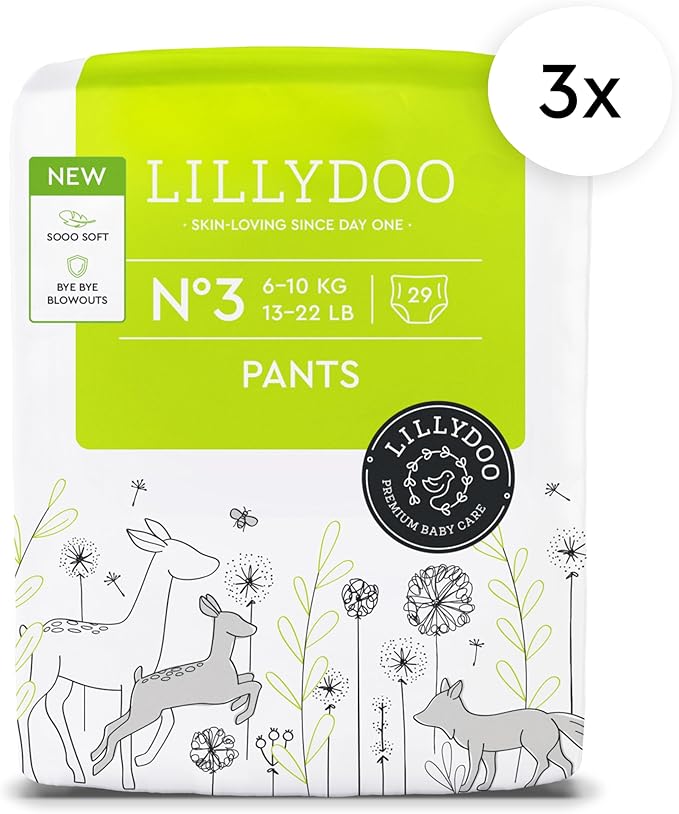 LILLYDOO Diaper Pants Toddlers - Size 3 (13-22 lbs), Half-Monthly Supply (87 Count), Skin-Friendly, Ultrasoft, Chlorine-Free, Snug Fit & Absorbent Pull On Diapers