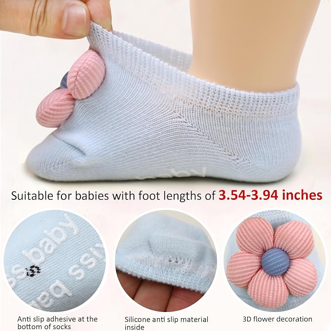 4Packs Baby Girls Socks, Flower Non-Slip Grips - Image 5