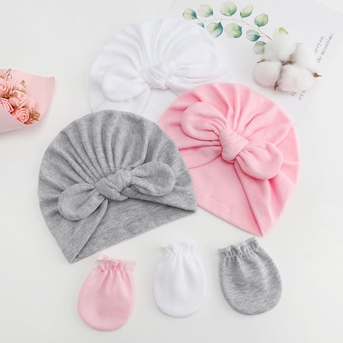 BQUBO Baby Turban Hats and Mittens Set Newborn Infant Hospital Hats Caps - Image 7