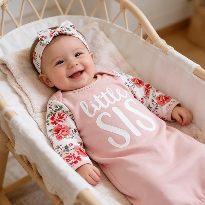 AMAWMW Newborn Baby Girl Little Sister Sleeper Gown Stripe Long Sleeve - Image 2