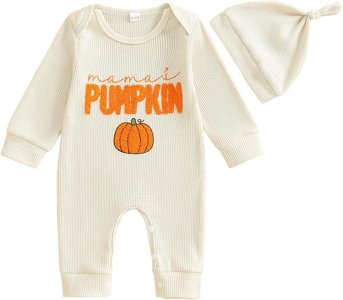Newborn Infant Baby Boy Halloween Outfit Little Pumpkin Embroidery Romper Waffle Knit Long Sleeve Jumpsuit with Hat