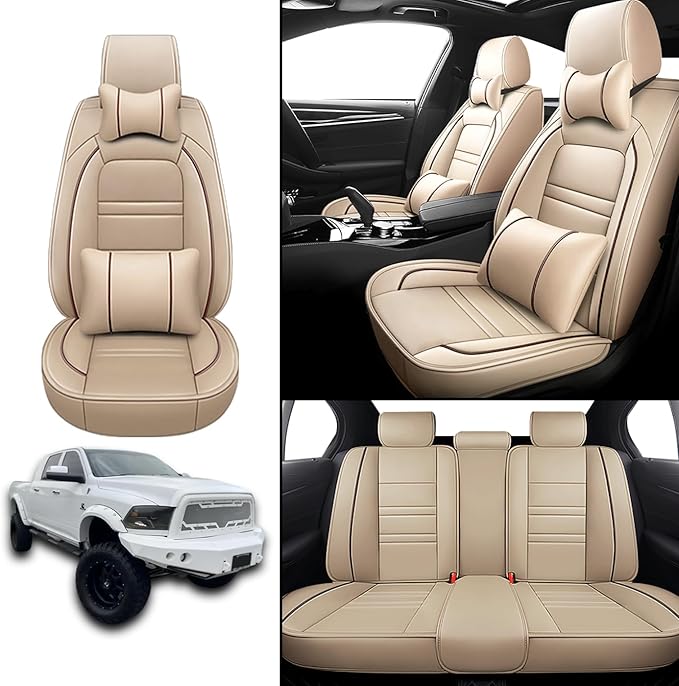 Car Seat Covers for Dodge ram 2500 2004-2011 | 5-Seats Seat Covers, Waterproof Seat Protectors, Automotive Seat Covers (Full Set with Pillow,Beige)