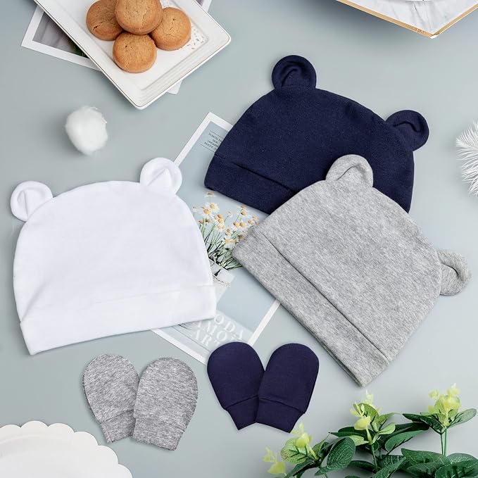 BQUBO Newborn Baby Bear Ears Hats and Mittens Sets Preemie Cotton Caps Baby Boy - Image 6