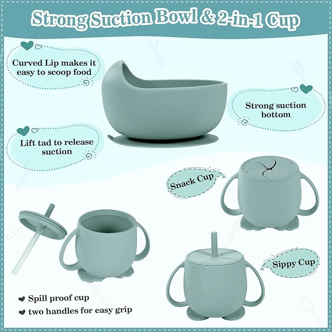 Silicone Baby Feeding Set 10 Pcs Baby Led Weaning Supplies Suction Bowl Divided Plate Baby Bibs Fruit feeder Pacifier Baby Spoons Forks Sippy Cup Utensil Sets Baby Essentials for Newborn Grey Blue