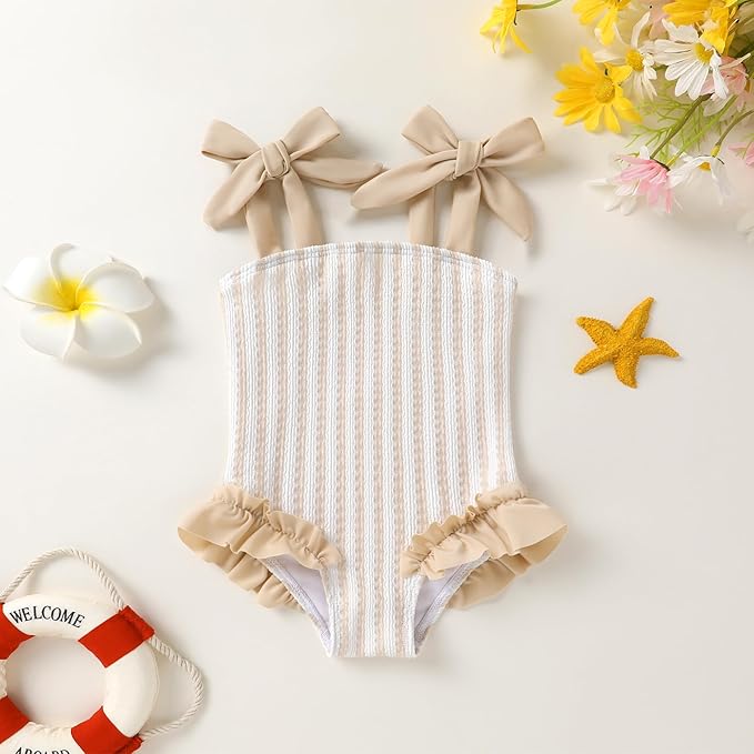 Happy Town Toddler Swimsuit Girl Solid Color Stripe One-Piece Baby Bathing Suits