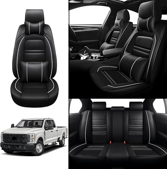 Car Seat Covers for Ford f250 2011-2025 | 5-Seats Seat Covers, Waterproof Seat Protectors, Automotive Seat Covers (Full Set with Pillow,Black&White Line)