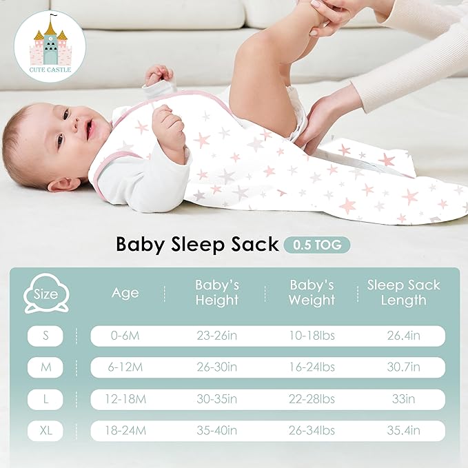 Cute Castle Baby Sleep Sack 12-18 Months - Lightweight 100% Cotton 2-Way Zipper TOG 0.5 Infant Wearable Blanket, Newborn Essentials Toddler Sleep Clothes, 3 Pack(Pink, Moon, Stars)