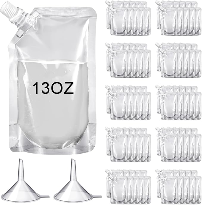 Meanplan 100 Pcs Plastic Pouches Bulk Reusable Squeeze Pouches Clear Plastic Juice Leak Proof Bags with Funnel for Party Favors Supplies(13 oz,Inclined Mouth)