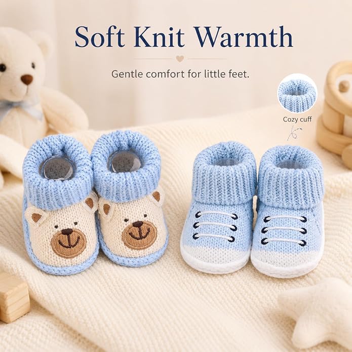 2 Pairs Baby Booties Newborn First Walkers Cozy Shoes Warm Knit Soft Booties - Image 4