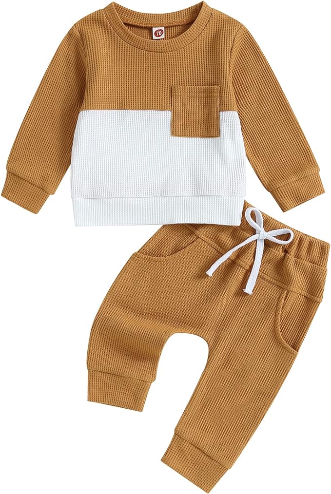 Kupretty Toddler Baby Boy Fall Winter Clothes Color Block Long Sleeve Sweatshirt Pullover Tops + Joggers Pants Outfit Set