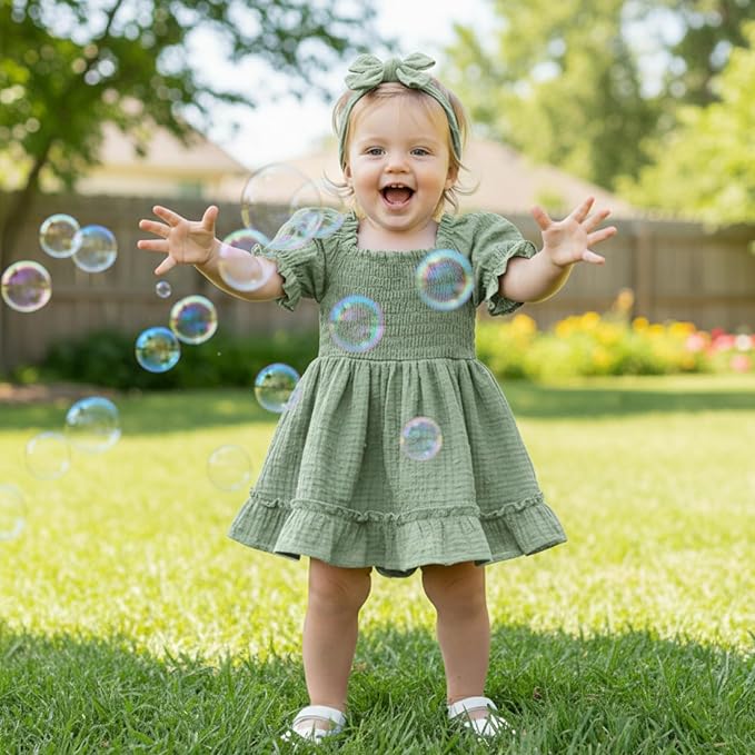 GRNSHTS Baby Girl Romper Dress, Puff Sleeve Smocked Outfit - Image 3