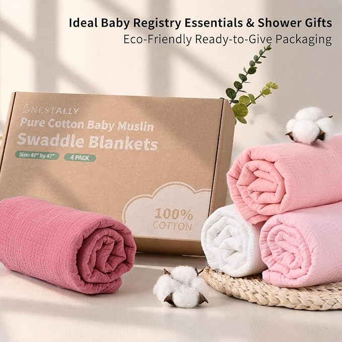NESTALLY Cocoon Muslin Swaddle Blankets 4 Pack, Soft Breathable Large 47"x47" - Image 3