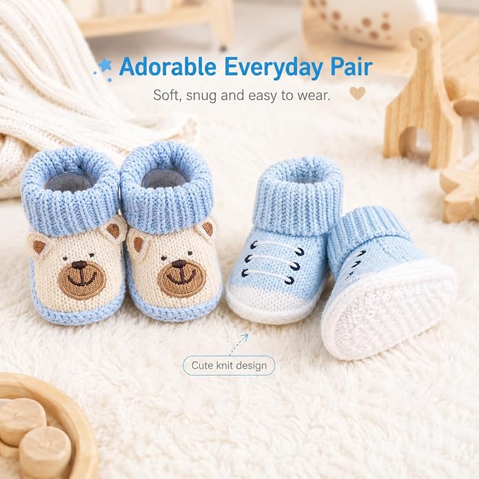 2 Pairs Baby Booties Newborn First Walkers Cozy Shoes Warm Knit Soft Booties - Image 8