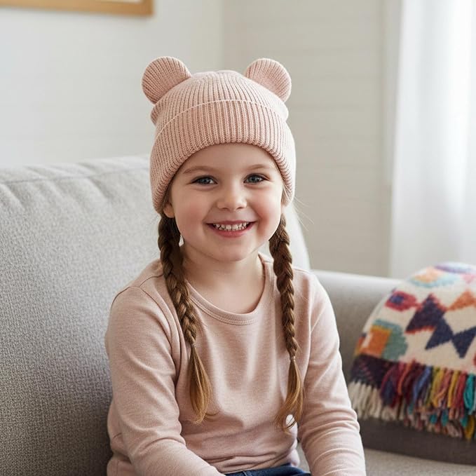 Hadetoto Cotton Baby Beanie Winter Knitted Hat, 2 Pack | Bear Ear Design - Image 5