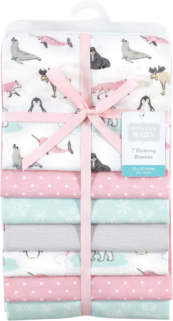 Hudson Baby Unisex Baby Cotton Flannel Receiving Blankets Bundle, Girl Arctic - Image 2