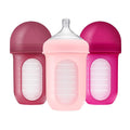 Boon Nursh Reusable Silicone Pouch Baby Bottles - Medium Flow Nipple - Silicone Baby Bottle Pouch and Nipple - Baby Feeding Essentials - Pink - 3-6 Months - 3 Count - 8 Ounce