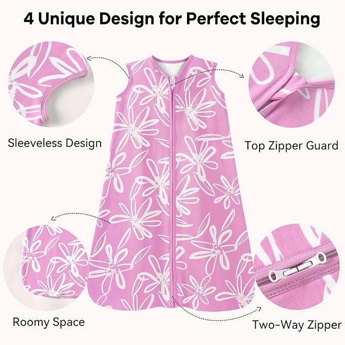 Baby Sleep Sack 6-12 Months 1.0 Tog Baby Wearable Blanket 100% Cotton Sleeping Sack with 2-Way Zipper for Infant Newborn Purple Leaf